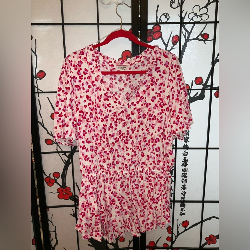 2X Pink Red Speckled Cinch Waist V Neck Pullover Short Sleeve